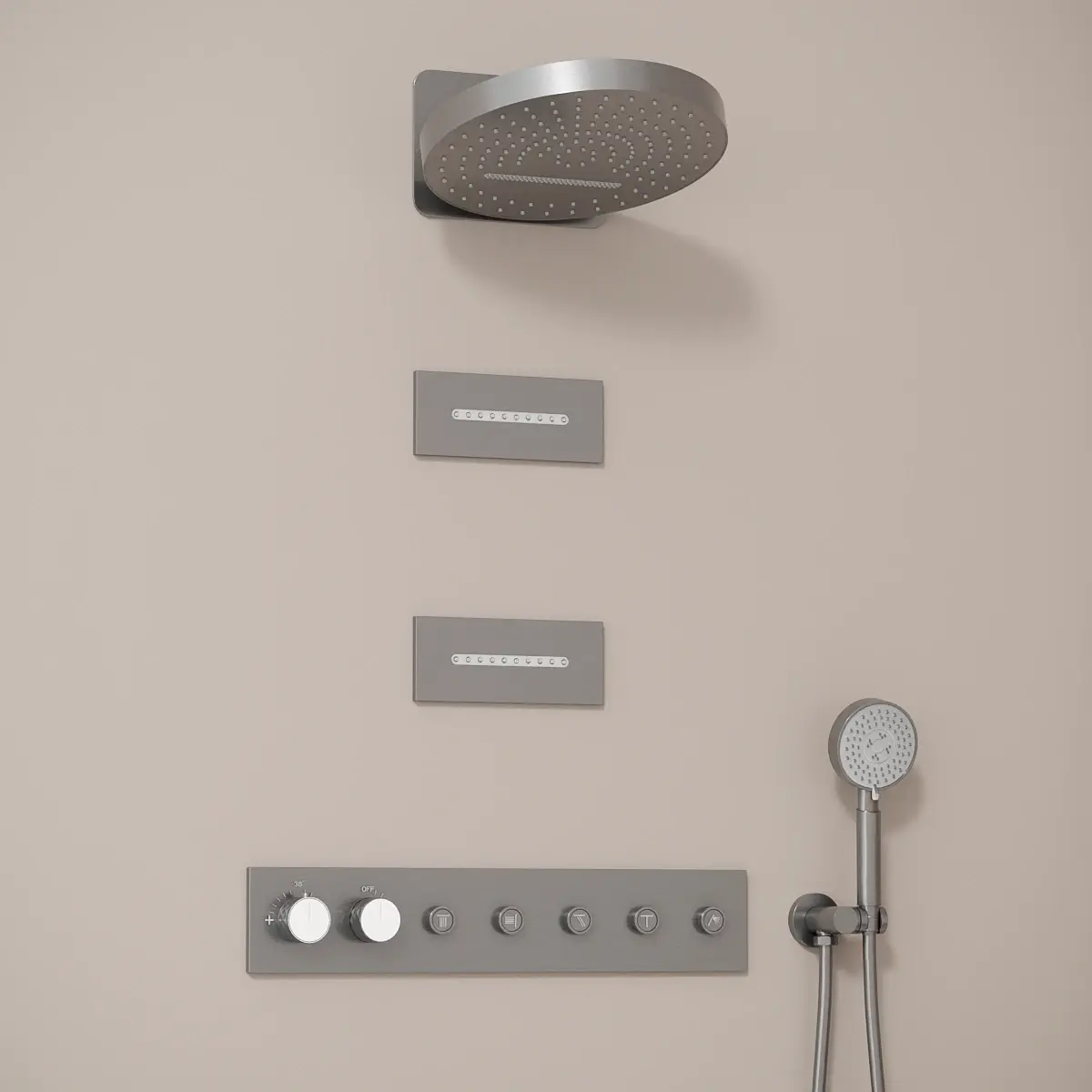 Composition de douche inox brossé Châtelet avec ciel de douche rond et buses rectangulaires à effet ondulé