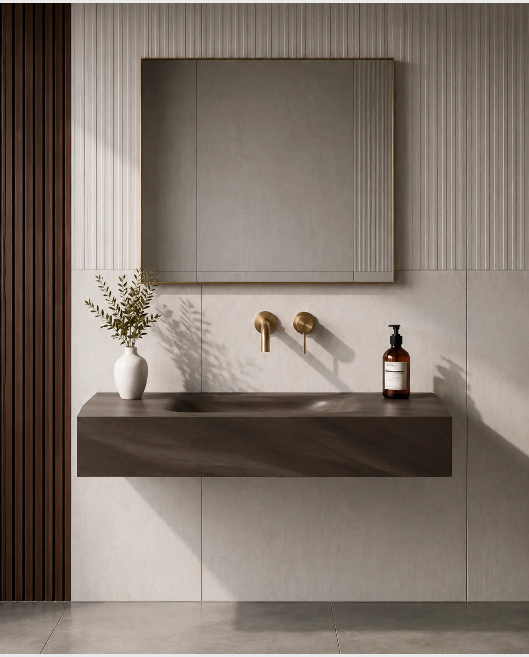 Plan vasque suspendu en céramique effet marbre brun mat Eden avec son meuble sous-vasque suspendu en bois Irene 80cm.