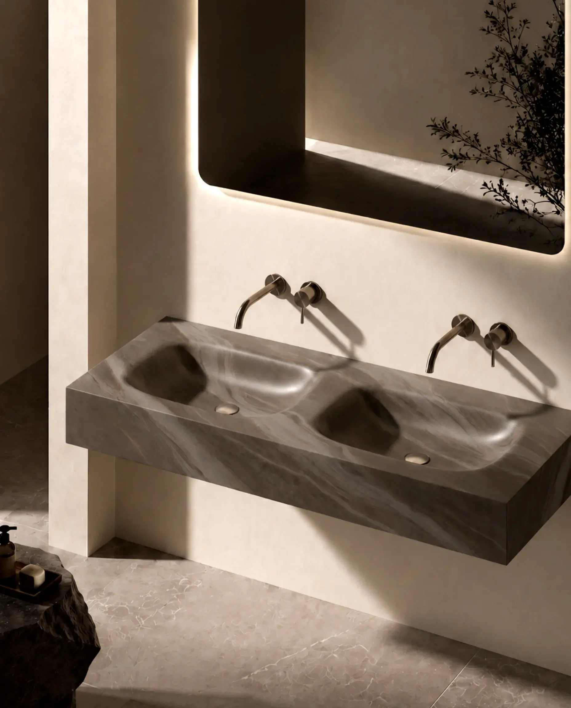 Plan double vasque suspendu en céramique effet marbre brun mat Eden avec son meuble sous-vasque suspendu en bois Irene 120cm.