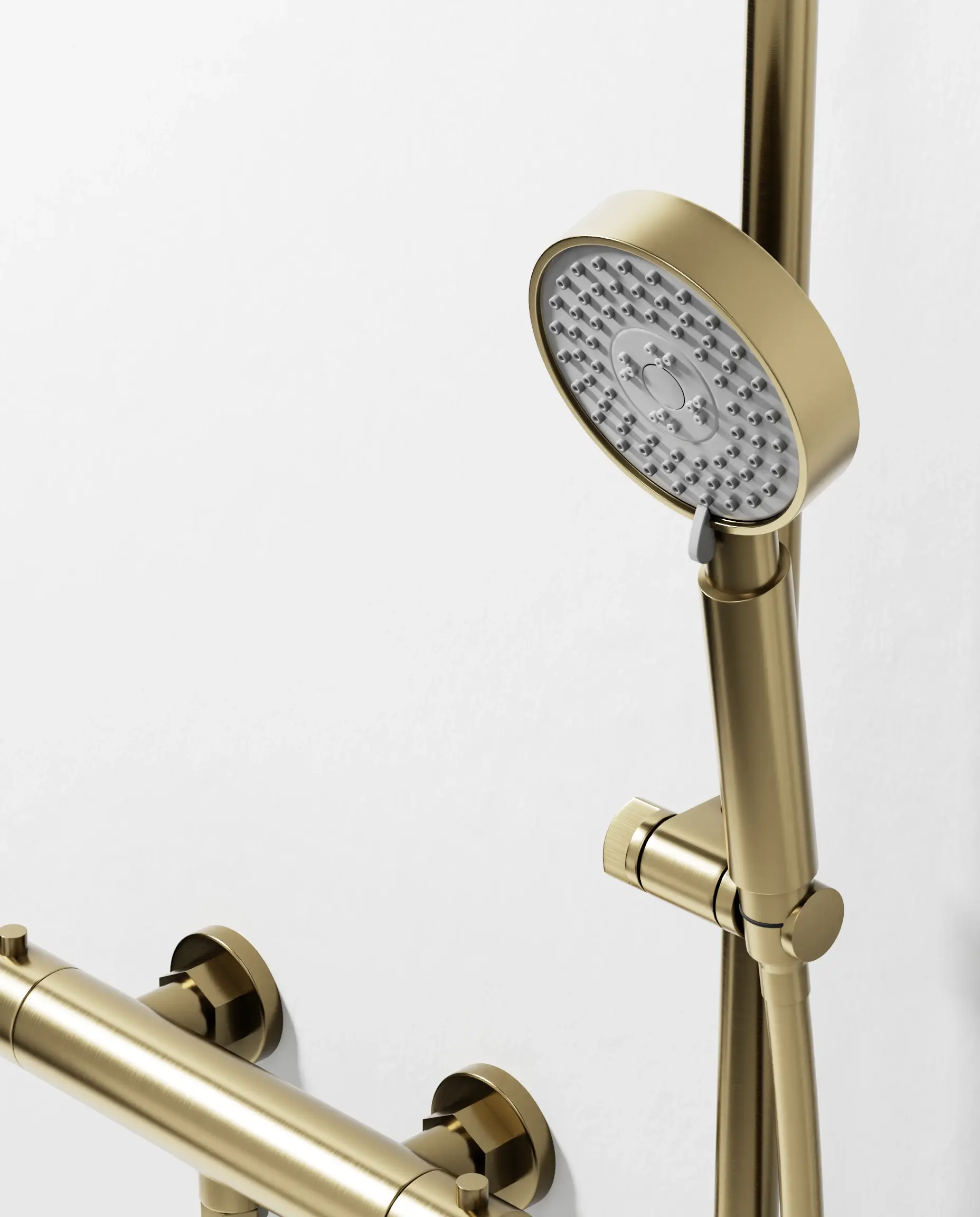 Robinet mitigeur thermostatique de douche doré brossé avec barre et douchette ronde, Châtelet III