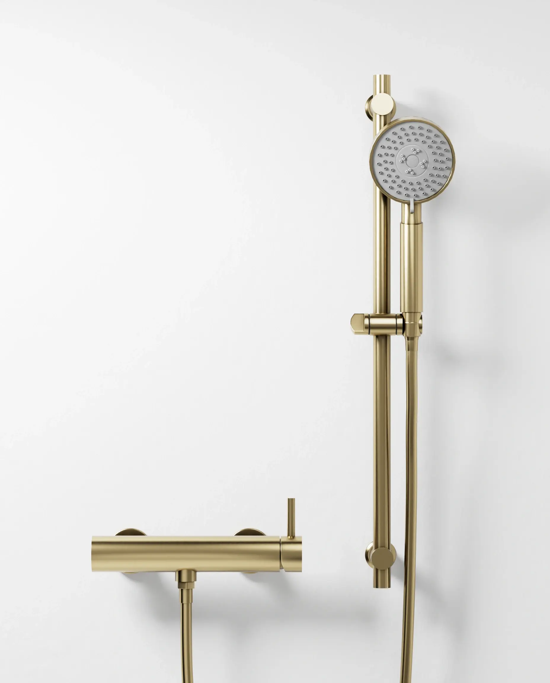 Mitigeur de douche doré brossé Châtelet avec barre et douchette ronde multifonction