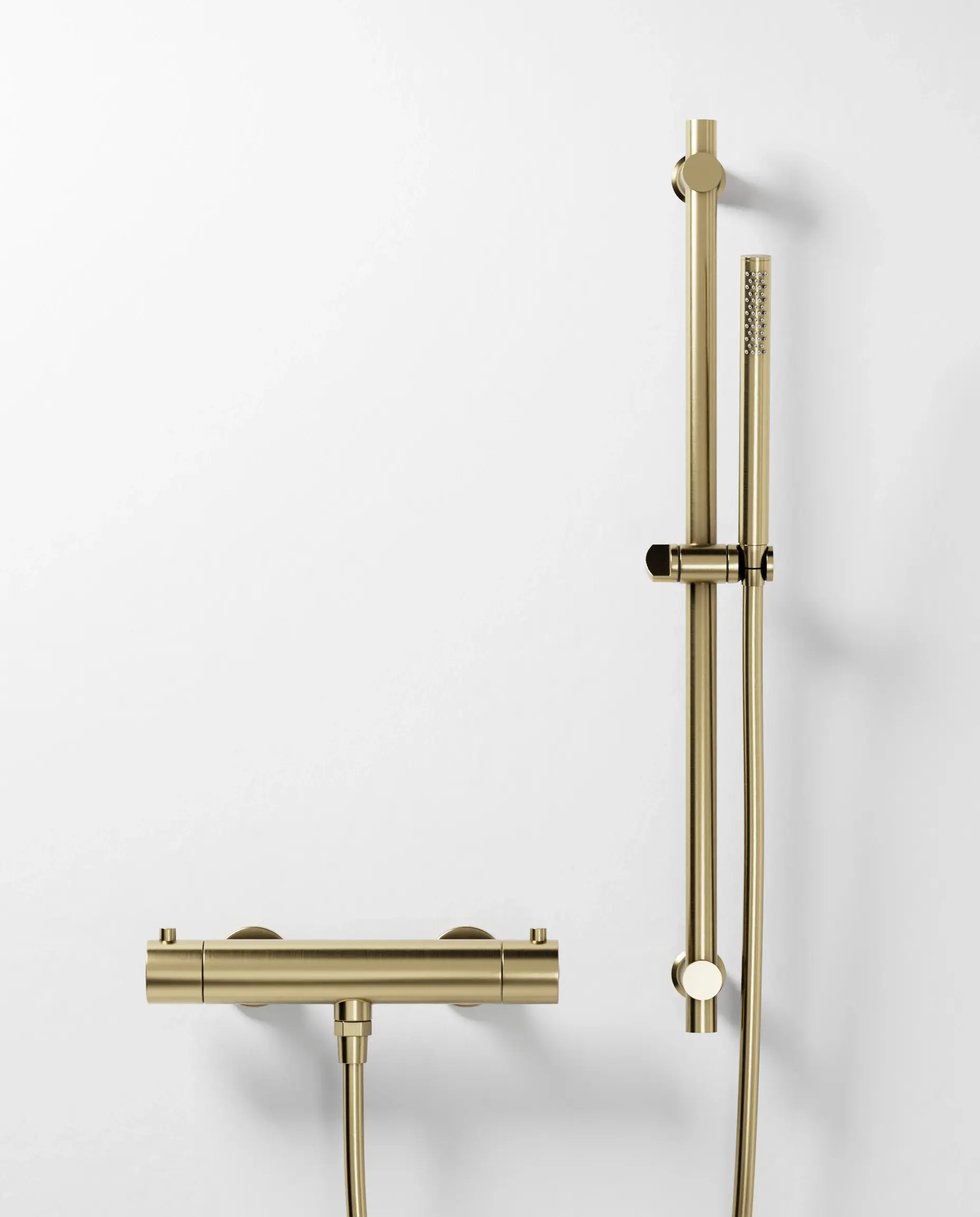 Robinet mitigeur thermostatique de douche doré brossé avec barre et douchette tube