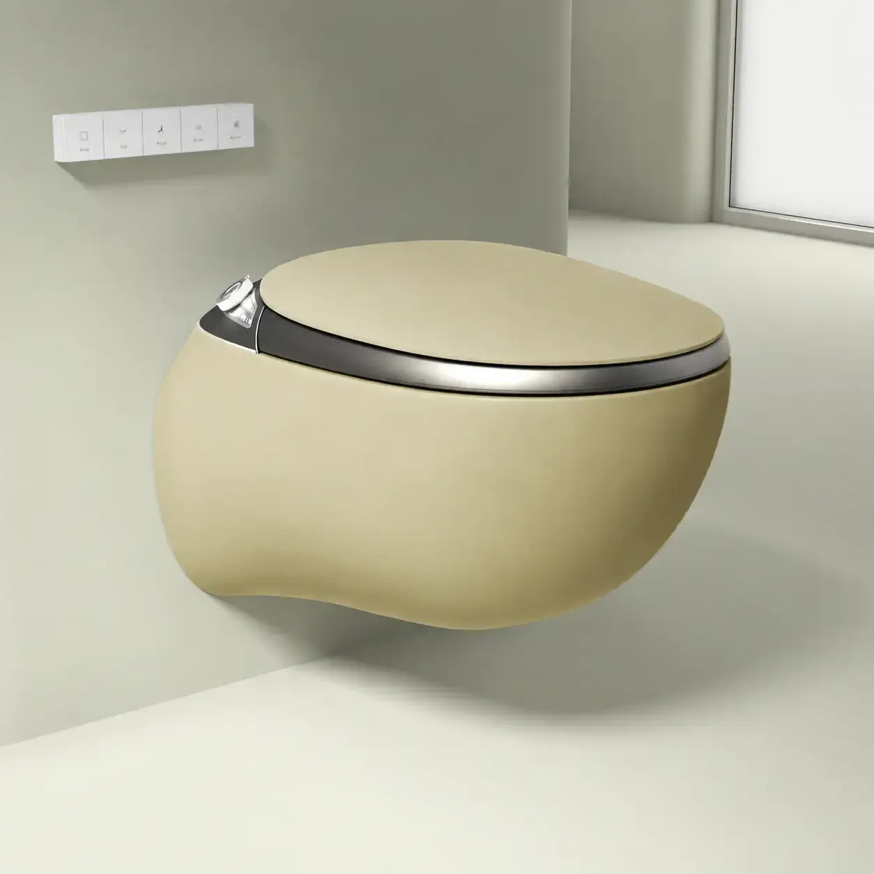 WC suspendu japonais Safari en finition kaki mat, élégant et contemporain, avec télécommande murale minimaliste.