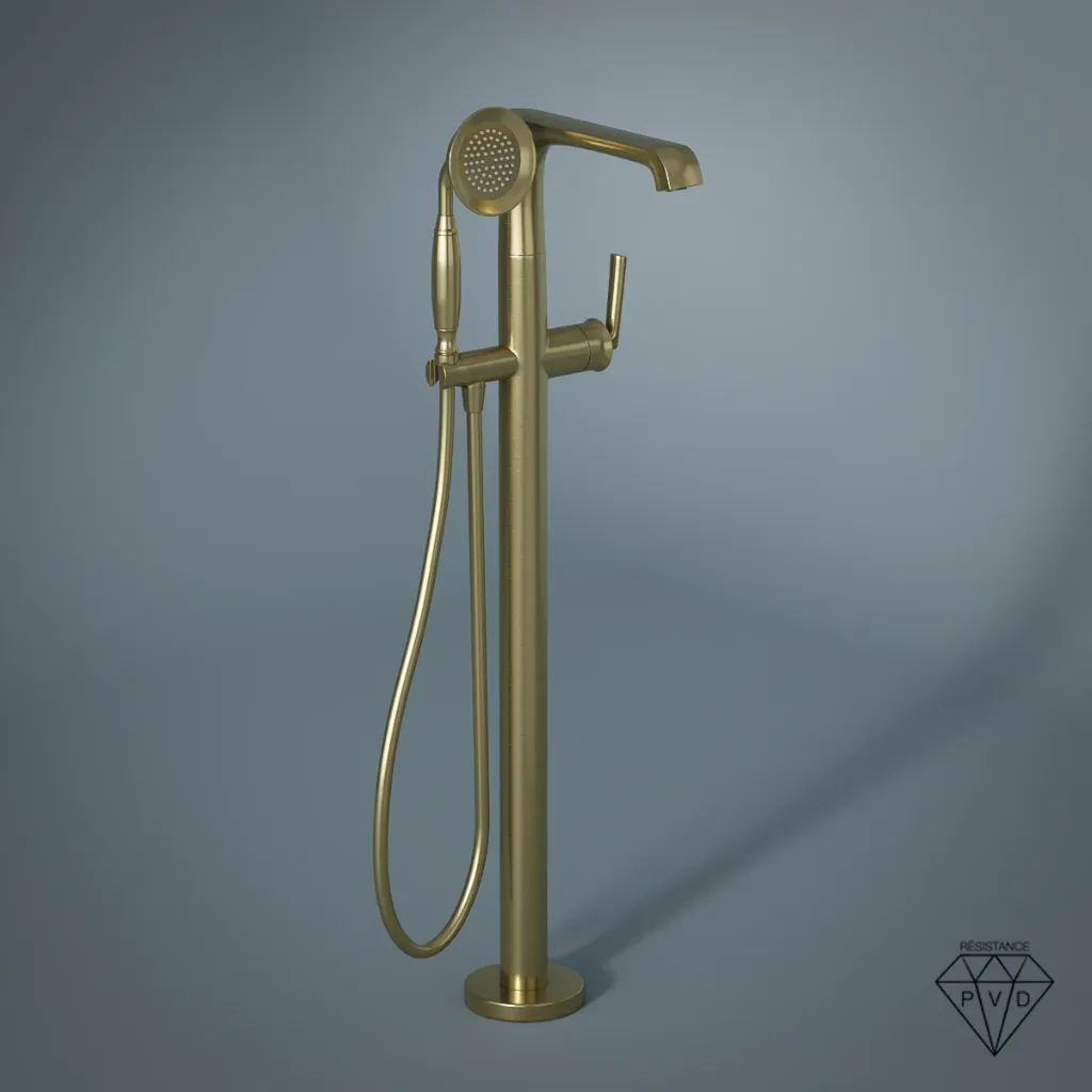 Robinet mitigeur de bain au sol, doré brossé, Art Déco.webp