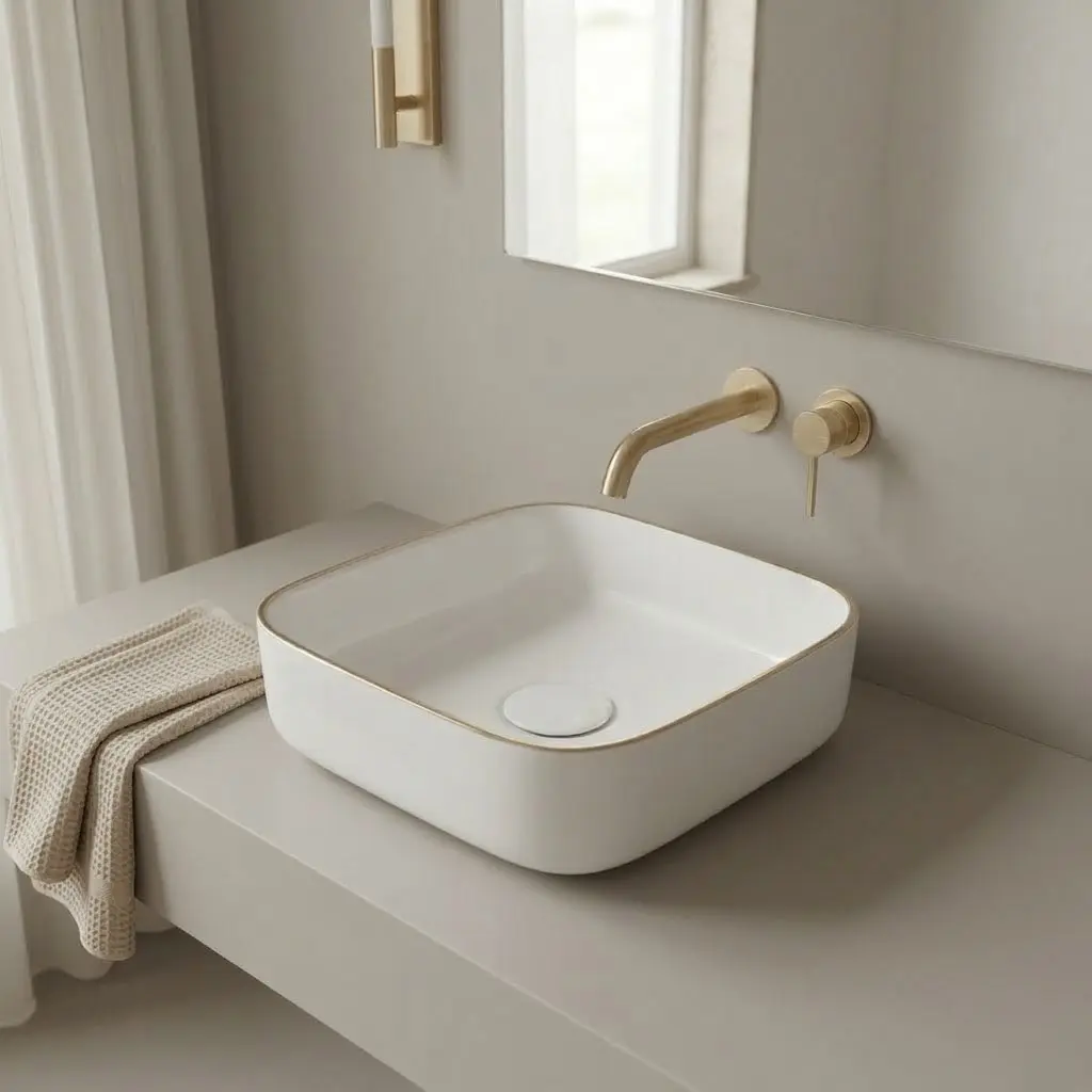 Vasque à poser 37,5 x 37,5 cm carrée, céramique, Blanc mat avec liseré Or, made in France, Fil