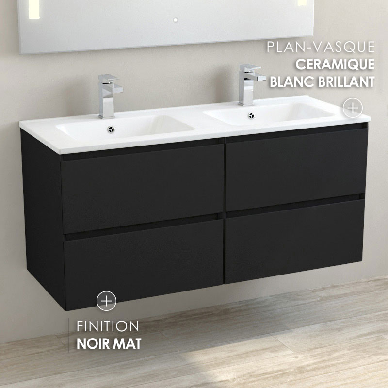 Meuble suspendu double vasque céramique 120 cm, noir mat, One