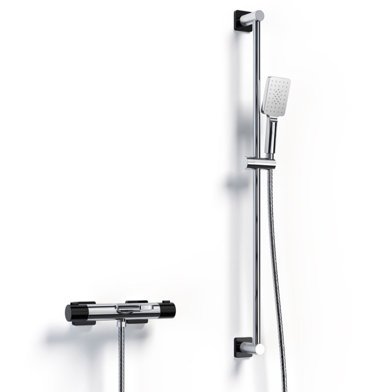 Alma, Mitigeur thermostatique bain-douche mural complet, noir mat chrome