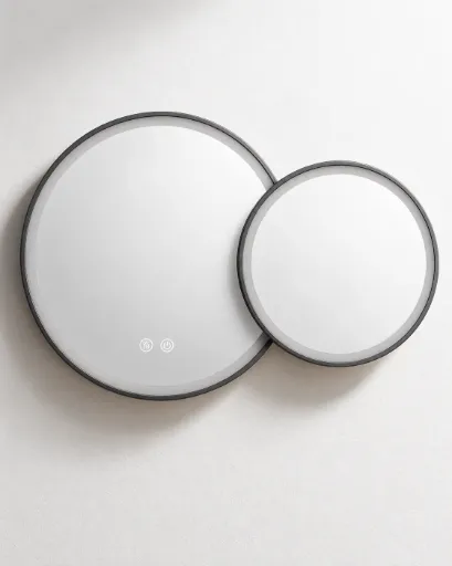 Miroir 105x70 cm lumineux LED, antibuée, double ronds, cadre noir mat, Châtelet