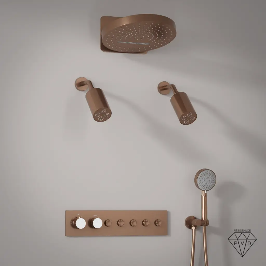 Douche thermostatique, ciel de douche ronde et douches épaules, doré rose brossé Châtelet