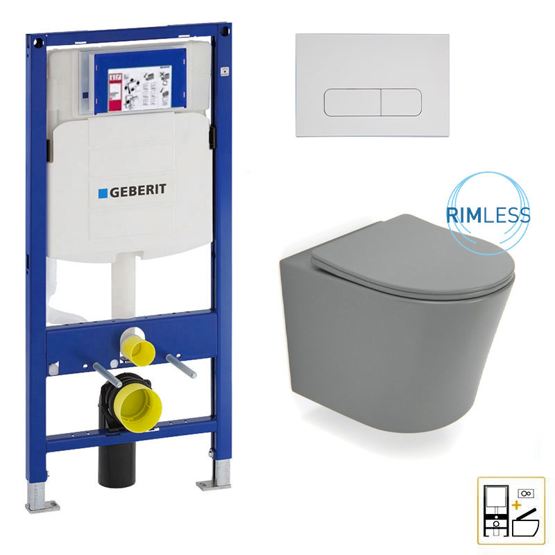 Bâti Geberit Duofix Sigma + Plaque de déclenchement blanche + WC suspendu Flavia gris Rimless - Pack WC suspendu