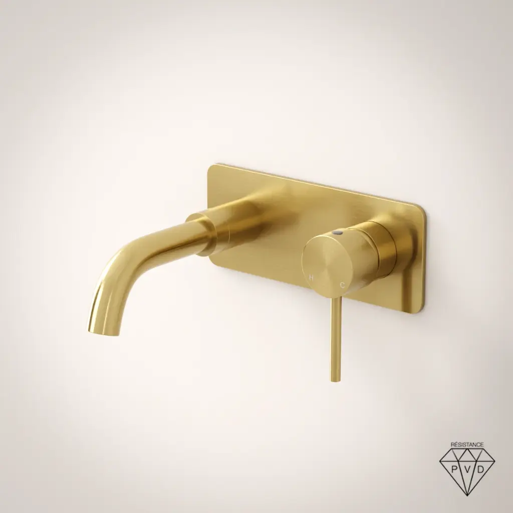 Mitigeur lavabo mural doré brossé, bec 15 cm, Châtelet III