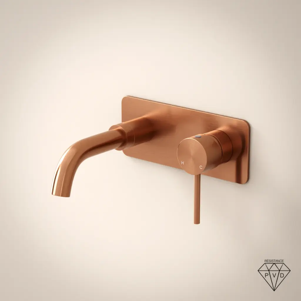 Mitigeur lavabo mural doré rose brossé, bec 15 cm, Châtelet III 