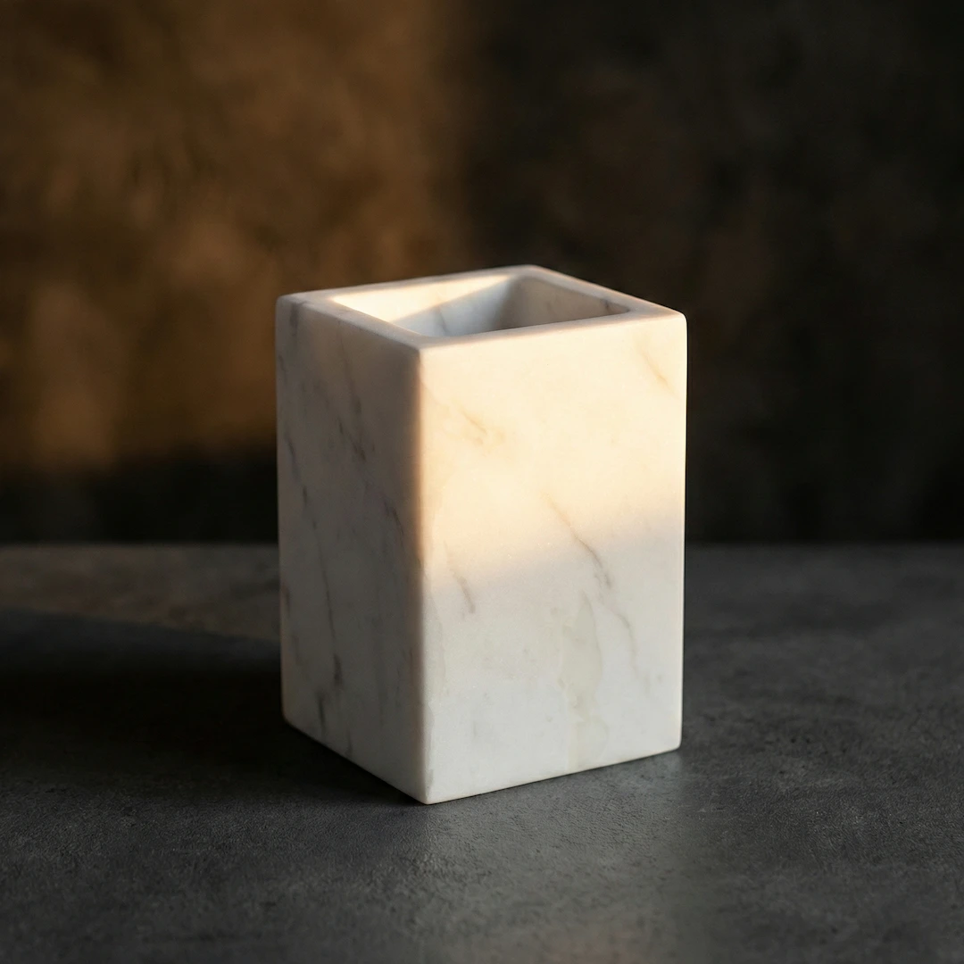 Pot à poser carré, marbre véritable blanc, Petra  