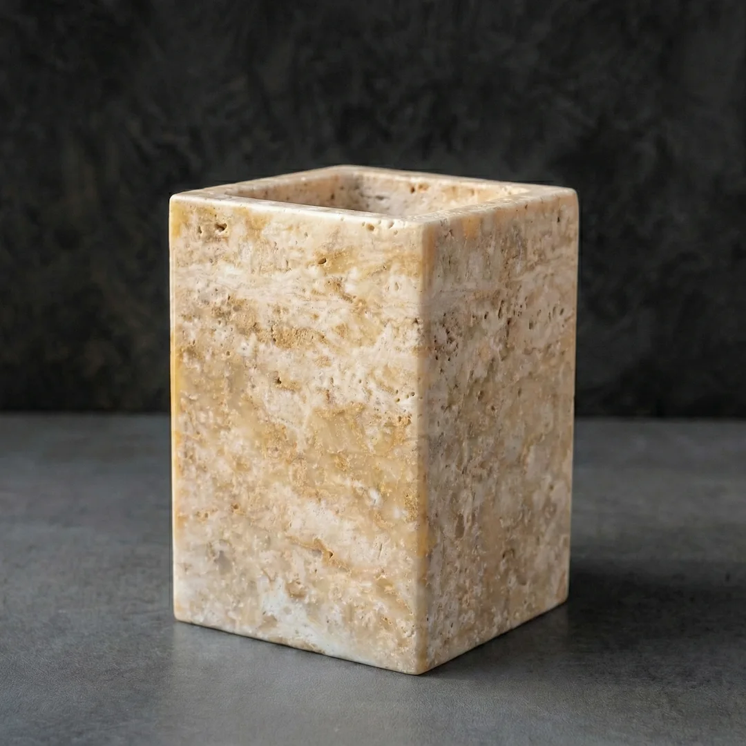 Pot à poser carré, véritable travertin beige, Petra   