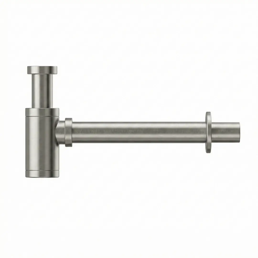 Siphon décoratif cylindrique en inox brossé avec rosace de finition, design minimaliste et industriel.