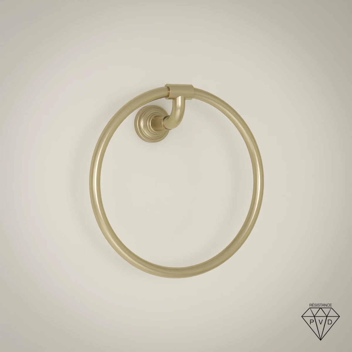 Anneau porte-serviette mural César doré brossé avec fixation à texture cannelée et anneau circulaire de 22 cm.