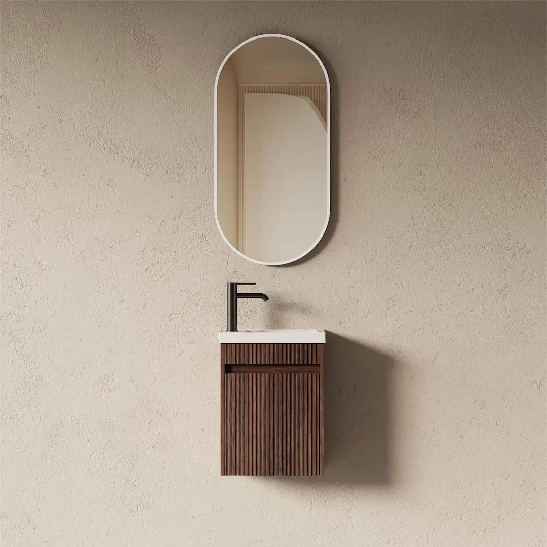 Lave-mains suspendu 39 cm – Noyer Cannelé & Résine Blanc Mat – LILA