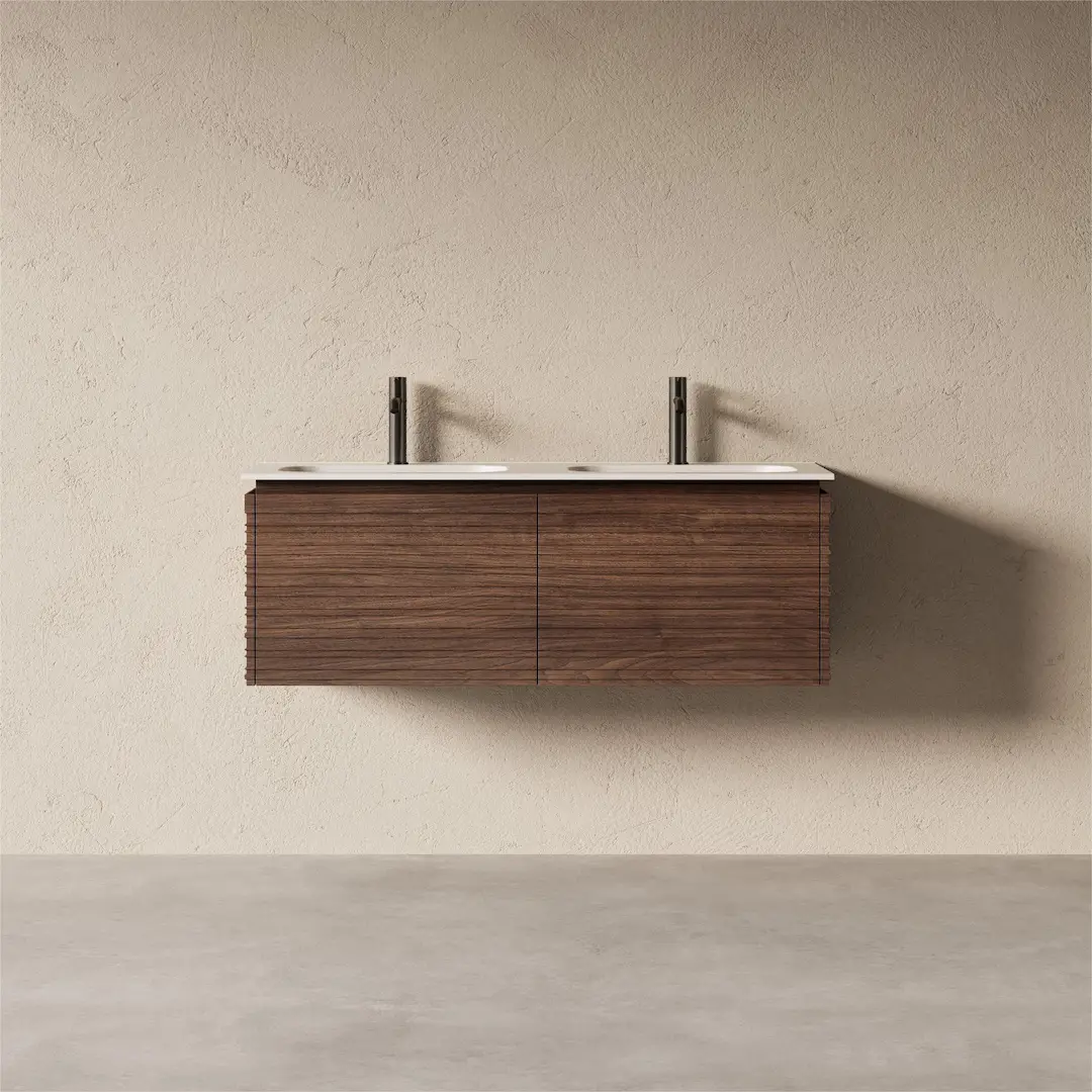 Meuble salle de bain double vasque 120cm noyer cannelé - Orane
