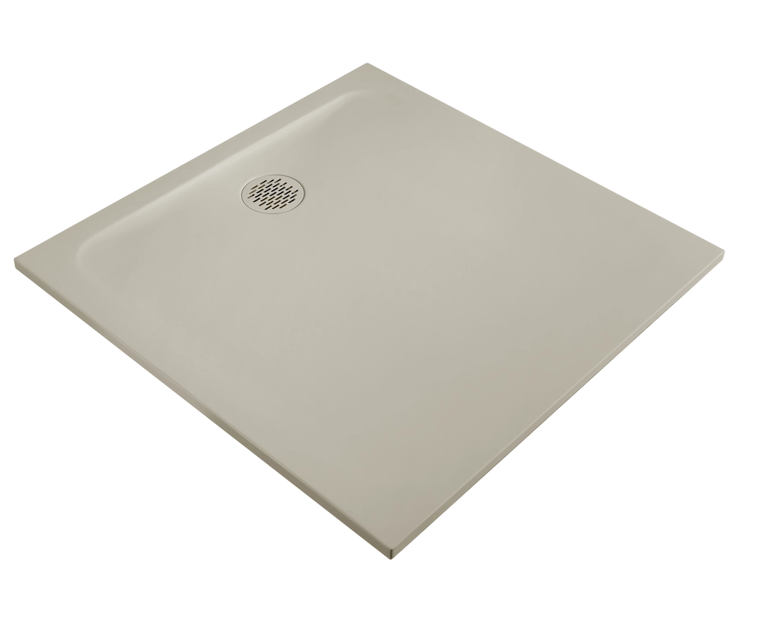 Receveur de douche carré 100x100cm en résine minérale beige avec texture antidérapante Cotton et vidage central.