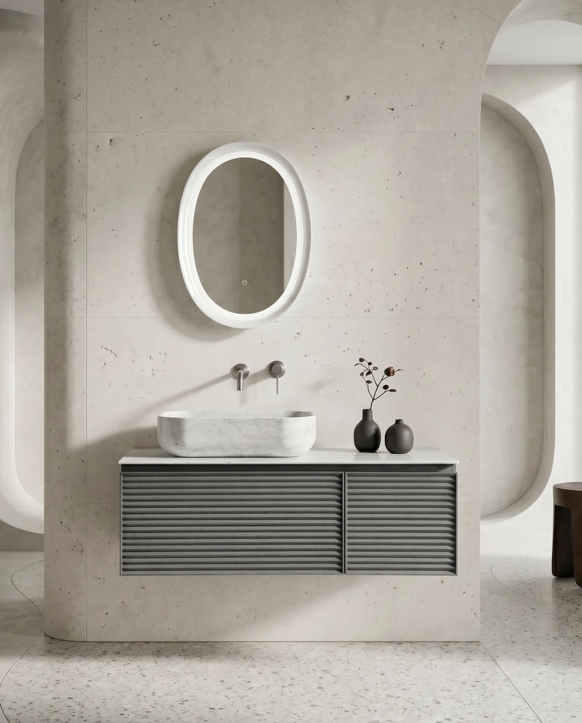 Grand meuble de salle de bain suspendu Etto 120 cm à 2 tiroirs rainurés, avec vasque en marbre blanc de Carrare positionnée à gauche