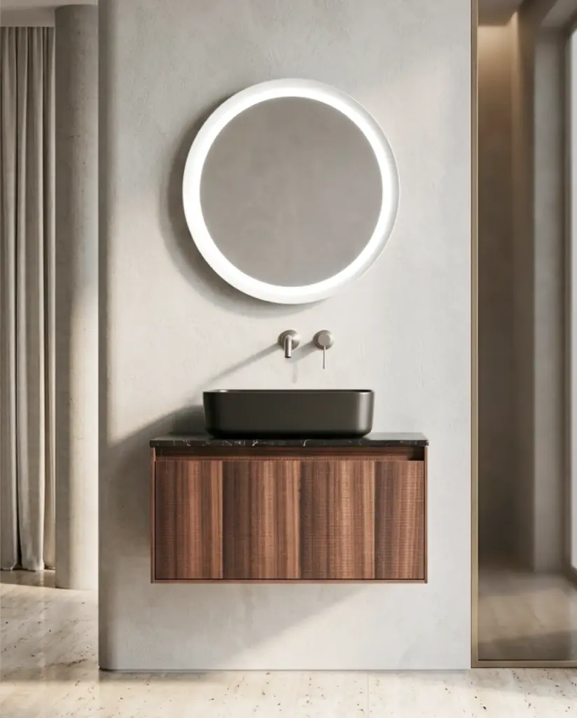 Meuble bois, 80cm avec plan marbre nero marquina et vasque noire mate, Molene