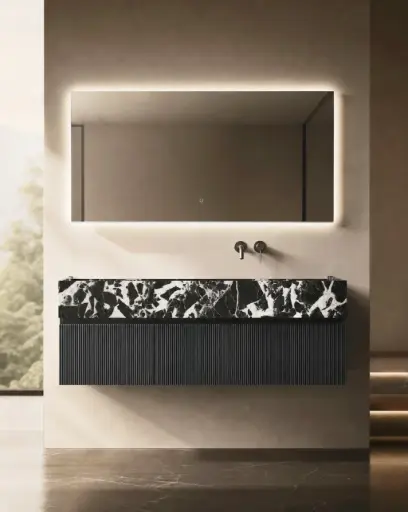 Meuble bois, 140cm avec plan vasque marbre,vasque à droite, Dimassa