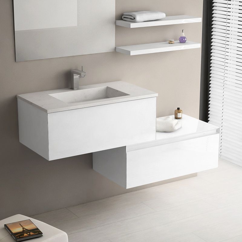 Tandem, Meuble salle de bain 81 cm blanc brillant, plan vasque pierre 2 finitions