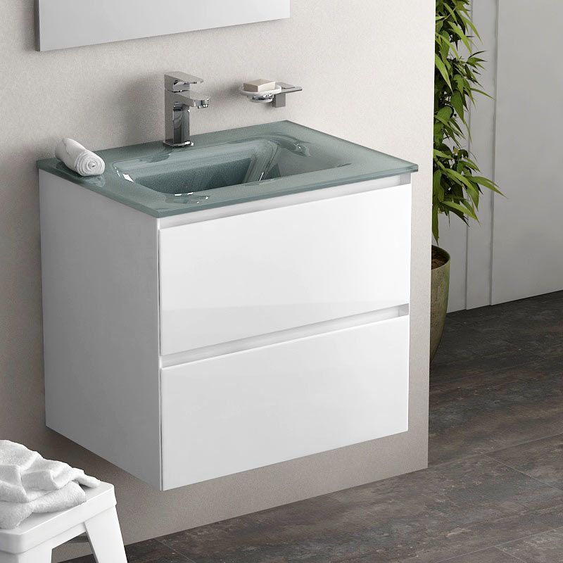 Cordoue, meuble salle de bain 61 cm blanc brillant, vasque verre 3 finitions