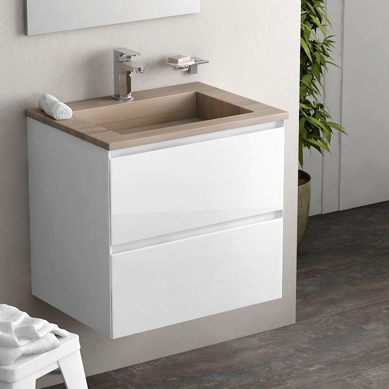 Cordoue, meuble salle de bain 61 cm blanc brillant, vasque pierre 3 finitions