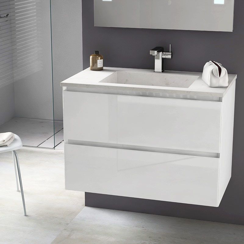 Cordoue, Meuble salle de bain 81 cm blanc brillant, vasque pierre 2 finitions