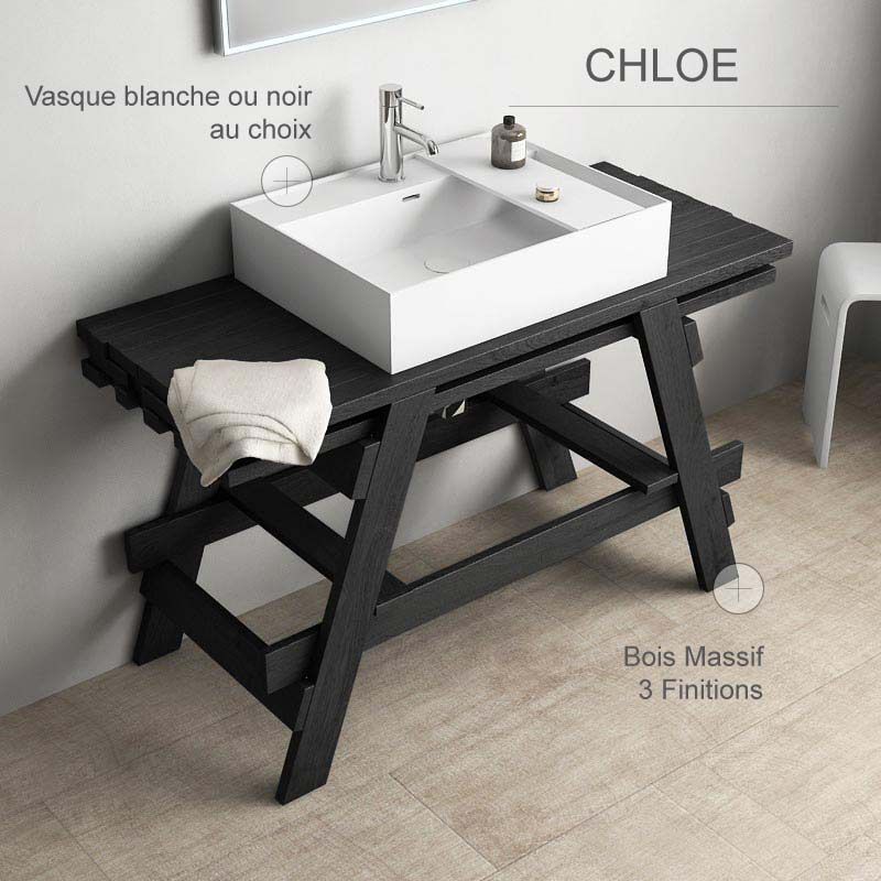 Ensemble meuble et vasque, 120 cm, bois massif, Noir, Chloe