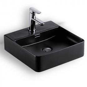 Vasque à poser carrée noir mat avec plage de robinetterie, 42 X 42 cm, Delicate
