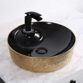 Vasque à poser ronde avec plage de robinetterie, noir et doré, Ø45 cm - Eclat2