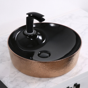 Vasque à poser ronde avec plage de robinetterie, noir et doré rose, Ø45 cm - Eclat2