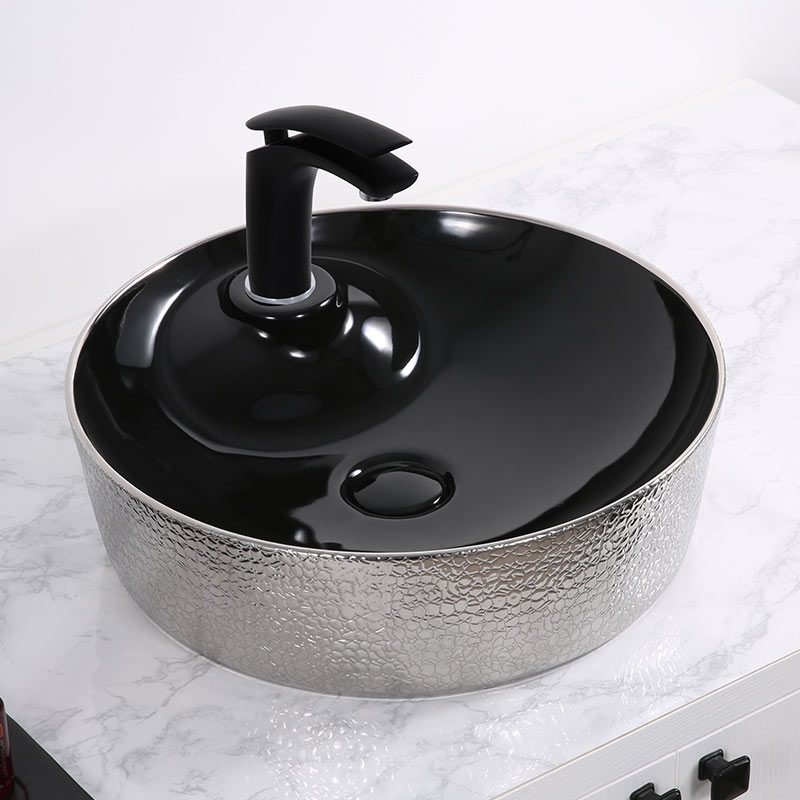 Vasque à poser ronde avec plage de robinetterie, noir et argent, Ø45 cm - Eclat2