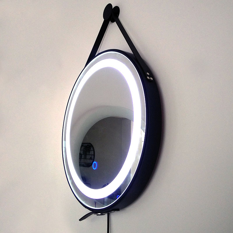 Miroir barbier, cadre cuir noir, éclairage LED, Ø50 cm, Liana