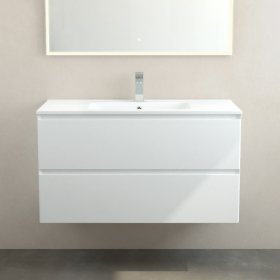 Meuble suspendu 100cm et plan vasque céramique, 2 tiroirs, blanc mat, One - image 2