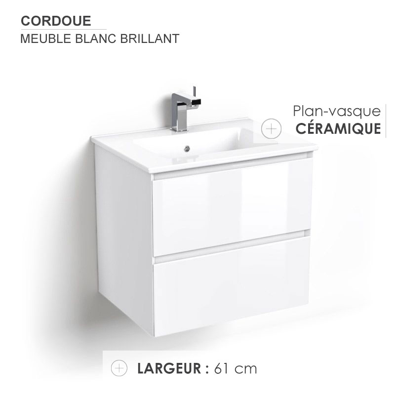 Meuble salle de bain blanc brillant, 61 cm, vasque céramique, Cordoue