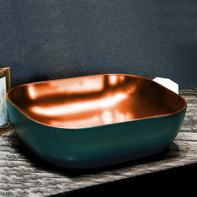 Vasque à poser vert et bronze, en céramique, 49x40 cm, Antique