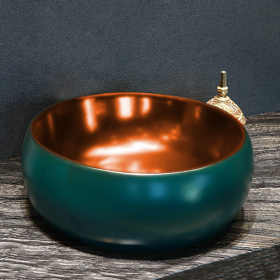 Vasque à poser ronde vert et bronze, en céramique, Ø39 cm, Antique