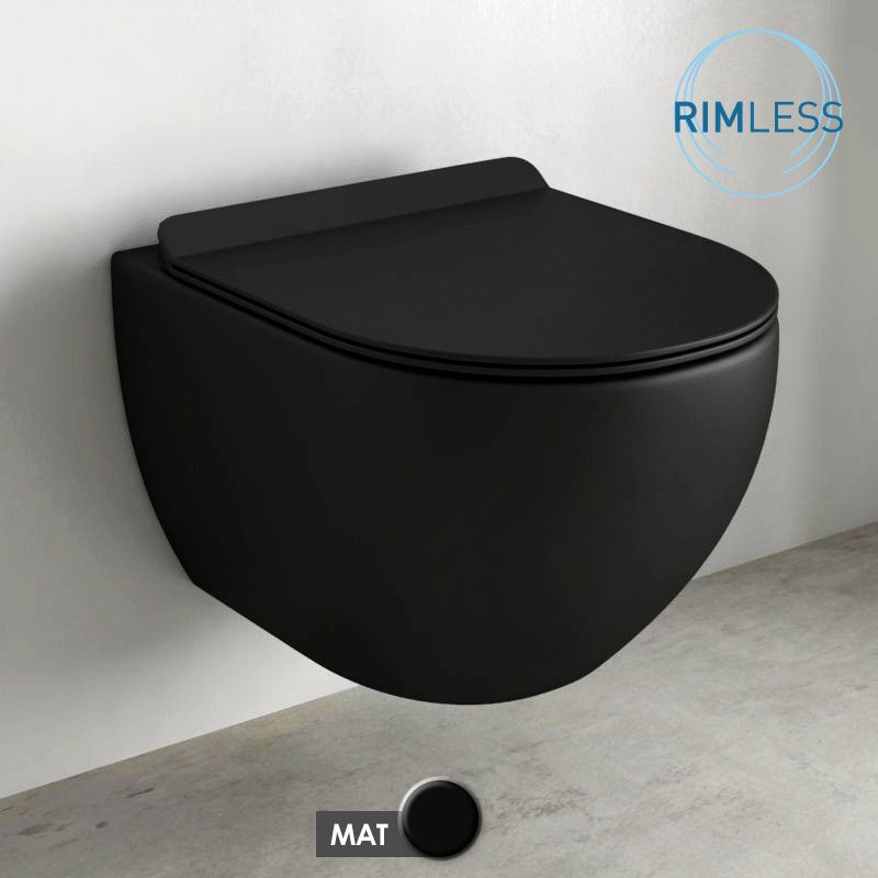 WC suspendu Rimless compact, noir mat + Abattant, Vera