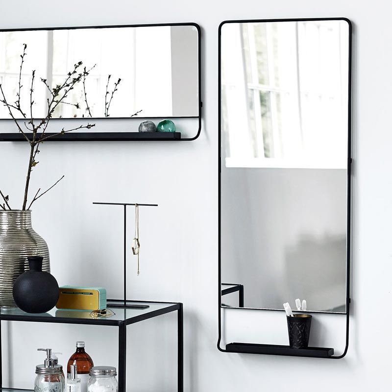 Miroir salle de bain horizontal avec cadre métal et tablette noir 40x80 cm, Chic