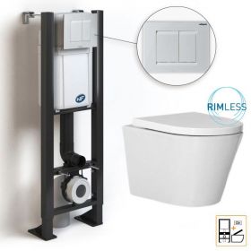 Bâti compact WIRQUIN + Plaque de déclenchement blanche + WC suspendu Vigo Rimless - Pack WC suspendu