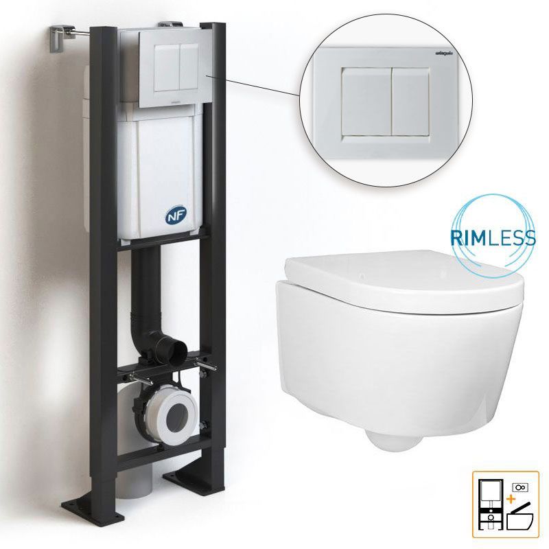 Bâti compact WIRQUIN + Plaque de déclenchement blanche + WC suspendu Alto Rimless - Pack WC suspendu