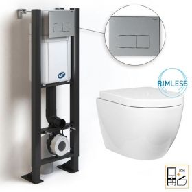 Bâti compact WIRQUIN + Plaque de déclenchement alu brossé + WC suspendu Nino Rimless - Pack WC suspendu