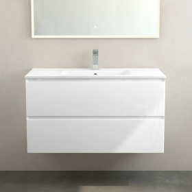 Meuble suspendu 100cm et plan vasque céramique, 2 tiroirs, blanc brillant, One - image 2