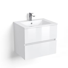 Meuble salle de bains 60 ou 80 cm, Blanc brillant, 2 tiroirs + vasque céramique, Caruso