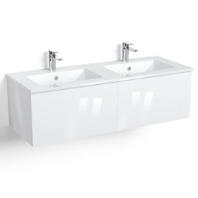 Meuble salle de bains 120 cm, Blanc brillant, avec tiroirs et double vasques céramique, Caruso