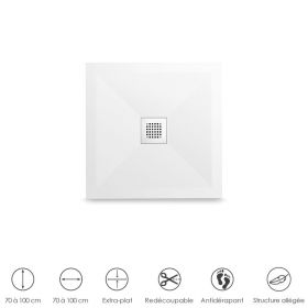 Receveur de douche carré 70, 80, 90 ou 100 cm. Grille blanche, Composite Blanc, Toscane
