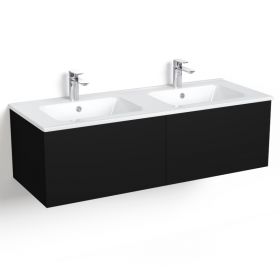 Meuble salle de bains 120 cm, Noir mat, avec tiroirs et double vasques céramique Blanc Brillant, Caruso